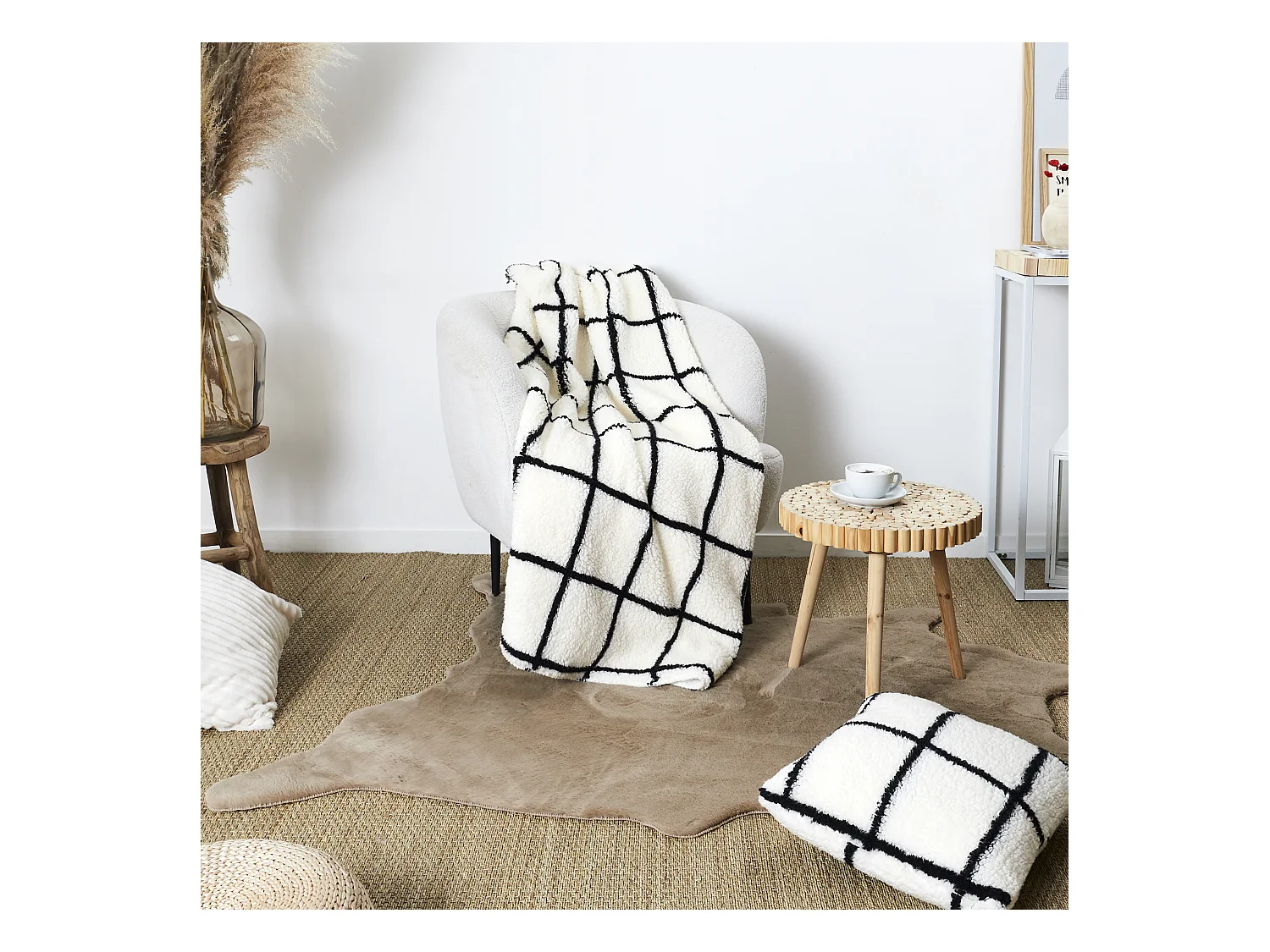 Plaid Sherpa Blanc Rayures Noir 130x160cm Blanc, Noir