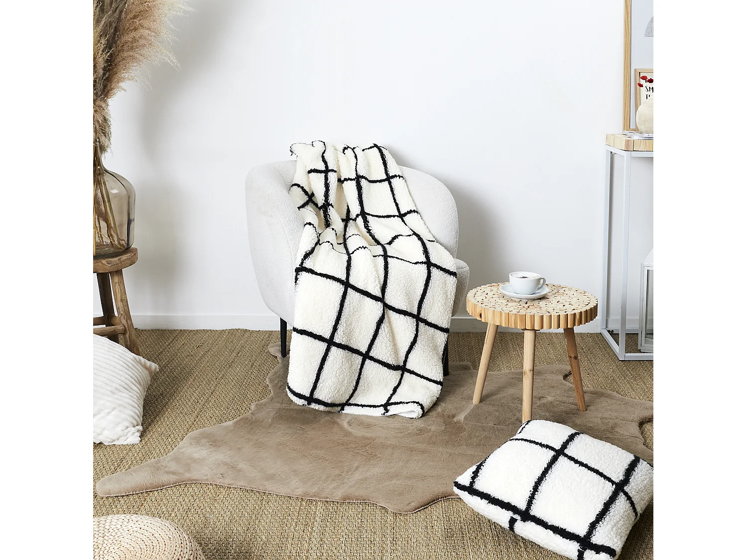 Plaid Sherpa Blanc Rayures Noir 130x160cm Blanc, Noir