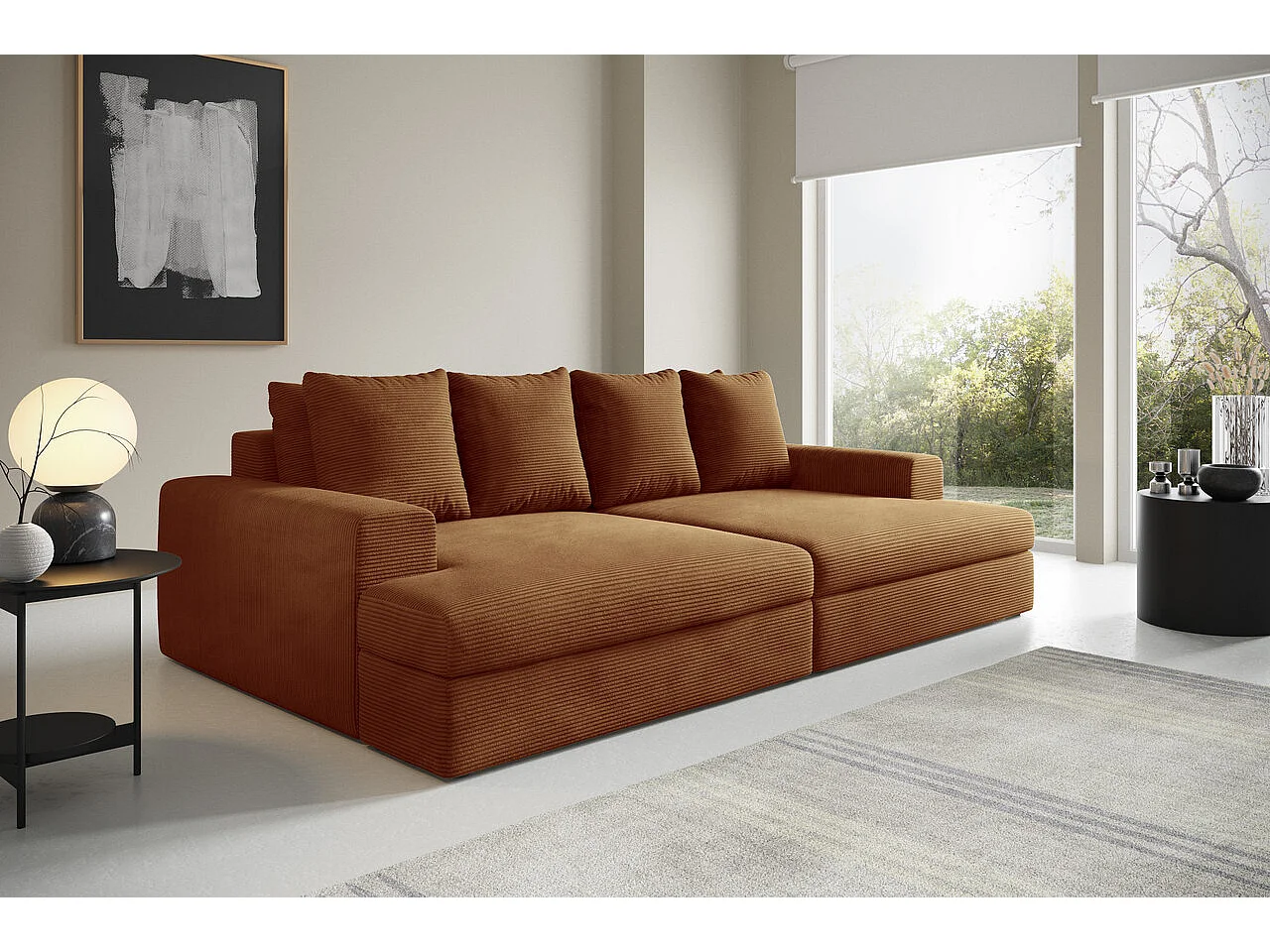 Canapé droit 4 places confort assise profonde en velours côtelé CALDO cuivré