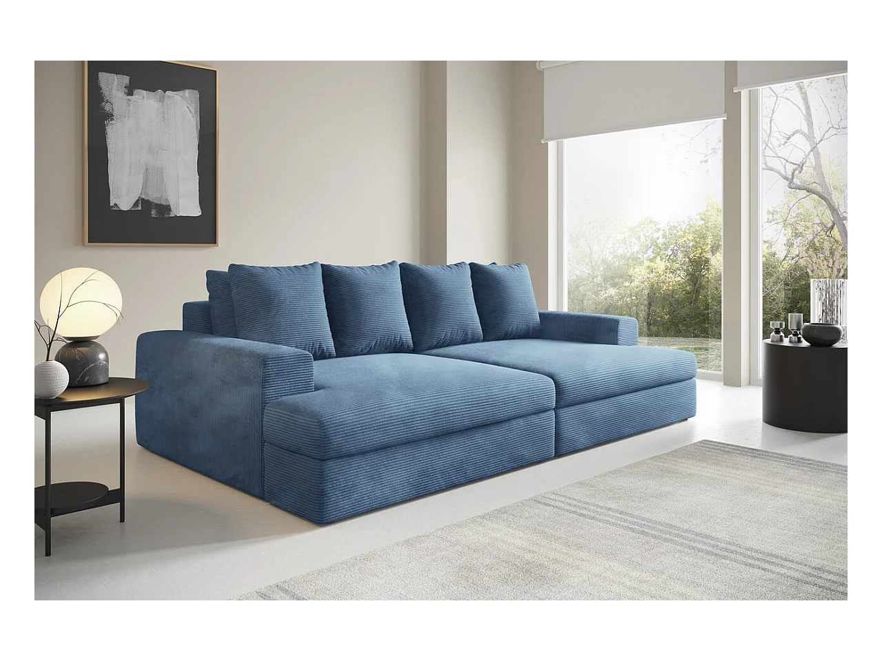 4-zits rechte bank met diep zitcomfort in geribde fluweel CALDO Blauw