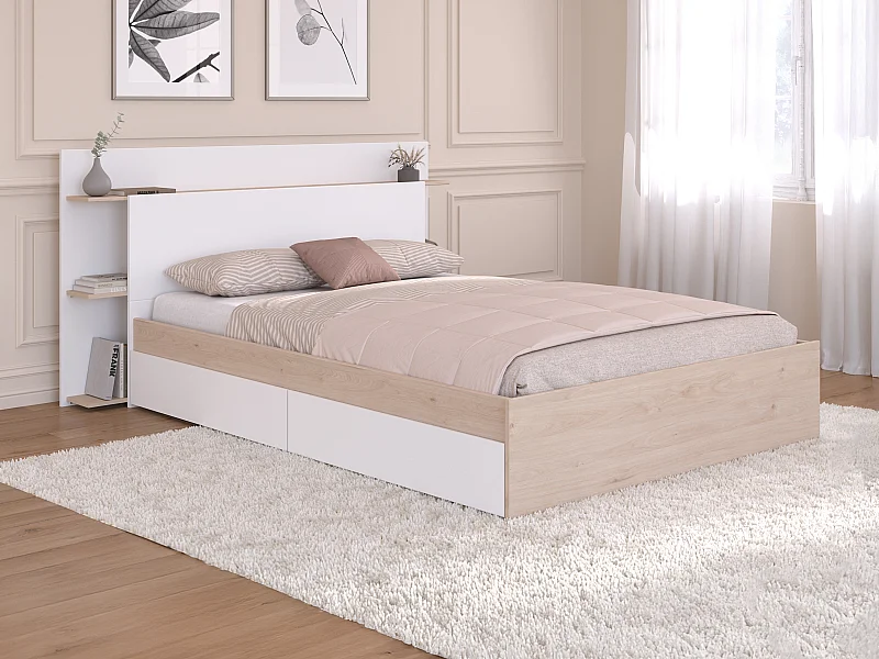Cama 140 x 190/200 cm com 4 gavetas cor natural e branco + sommier - TILONIDE