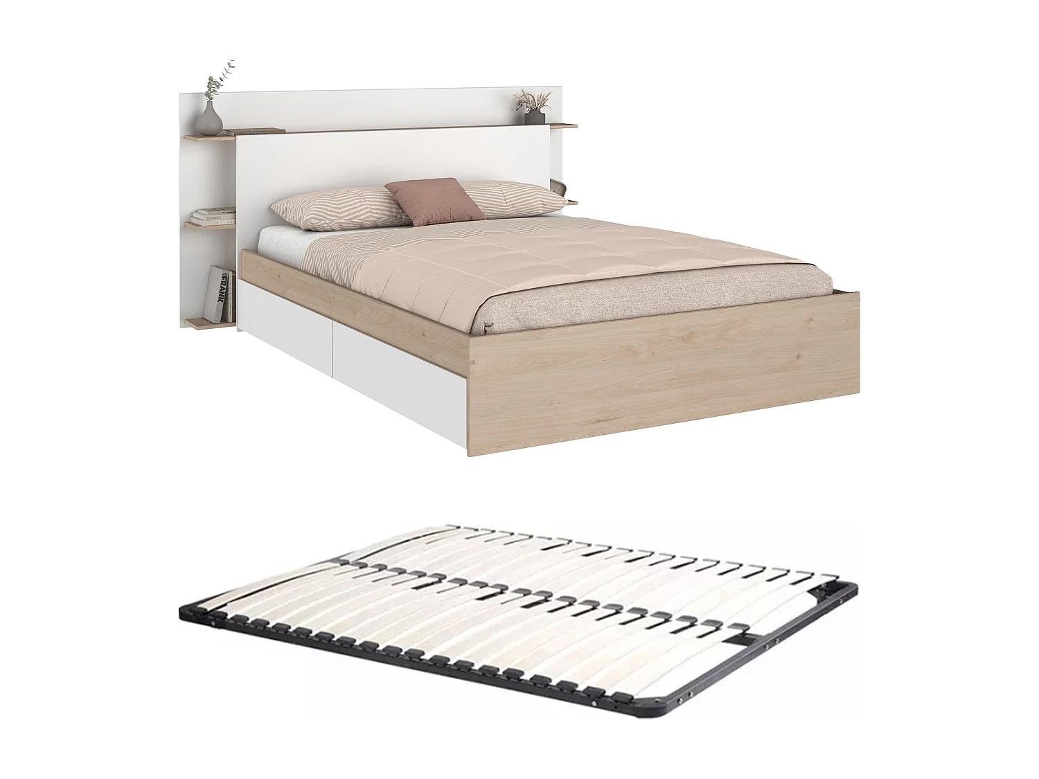 Säng 140 x 190/200 cm med 4 lådor - Färg: Natur och vit + Ribbotten - TILONIDE