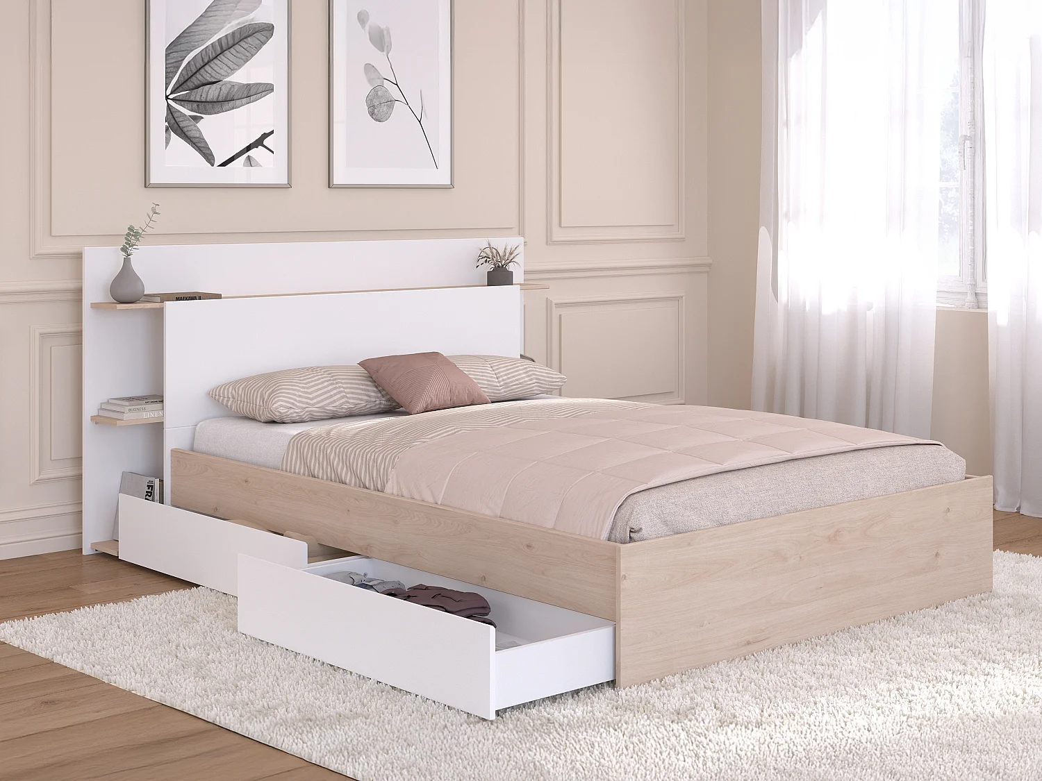 Lit 140 x 190/200 cm avec 4 tiroirs - Coloris : Naturel et blanc + Sommier - TILONIDE