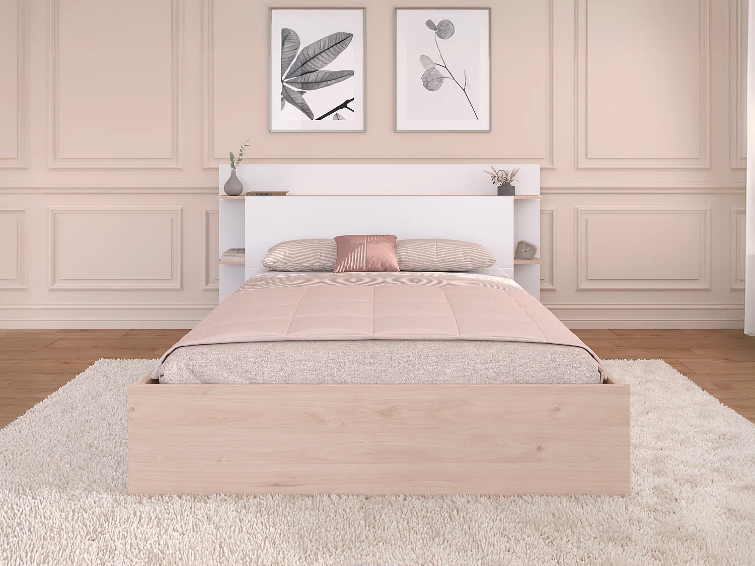 Lit 140 x 190/200 cm avec 4 tiroirs - Coloris : Naturel et blanc + Sommier - TILONIDE