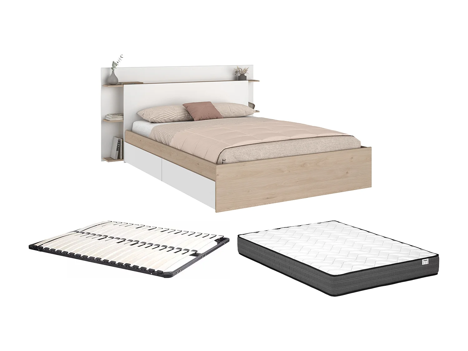 Lit 140 x 190/200 cm avec 4 tiroirs - Coloris : Naturel et blanc + Sommier + Matelas - TILONIDE