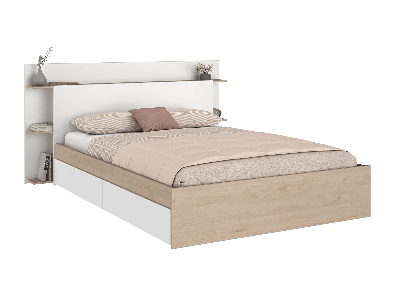 Lit 140 x 190/200 cm avec 4 tiroirs - Coloris : Naturel et blanc + Sommier + Matelas - TILONIDE