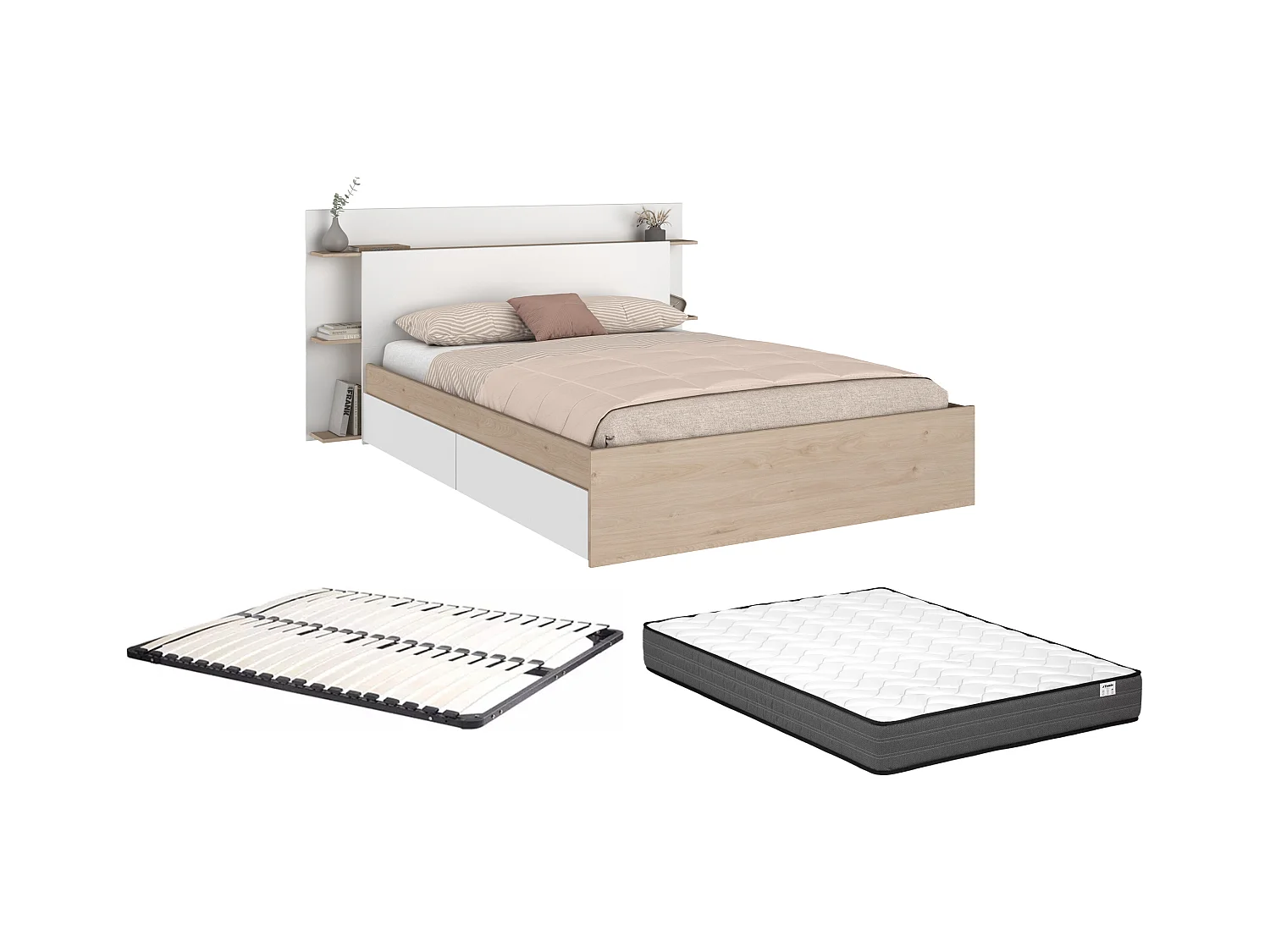Cama 140 x 190/200 cm com 4 gavetas cor natural e branco + sommier + colchão - TILONIDE
