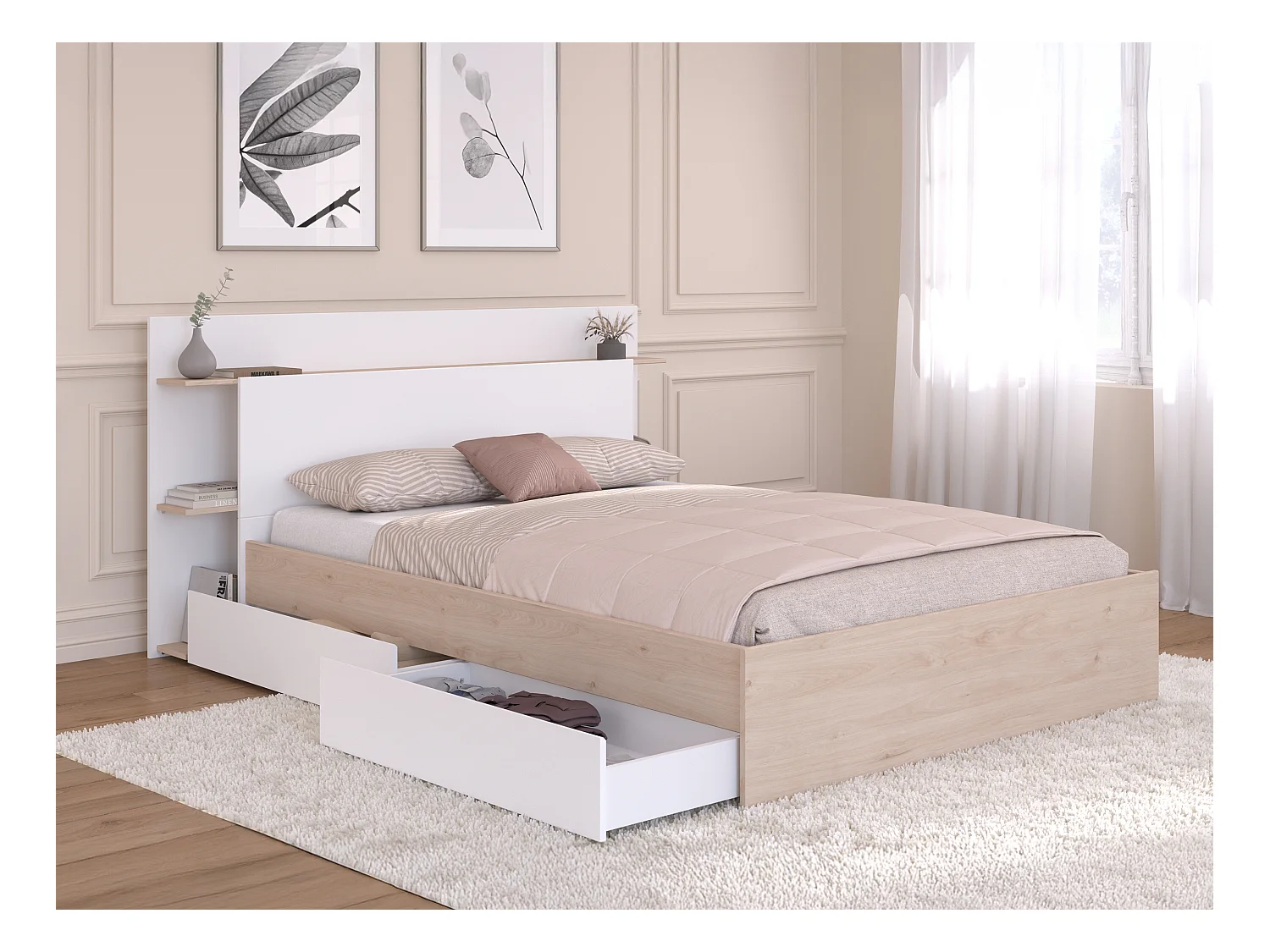 Cama 140 x 190/200 cm com 4 gavetas cor natural e branco + sommier + colchão - TILONIDE
