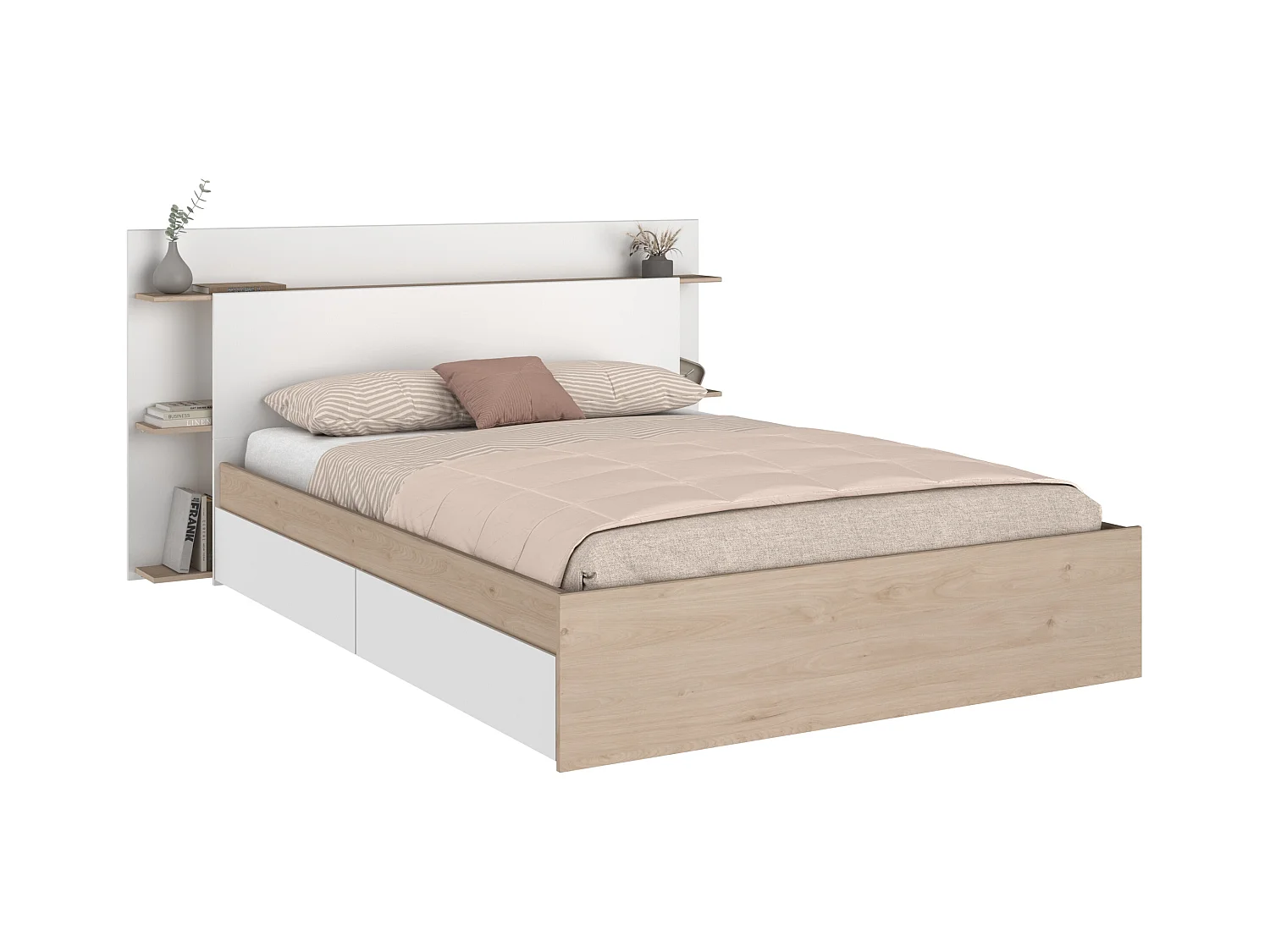 Cama 140 x 190/200 cm com 4 gavetas cor natural e branco + sommier + colchão - TILONIDE