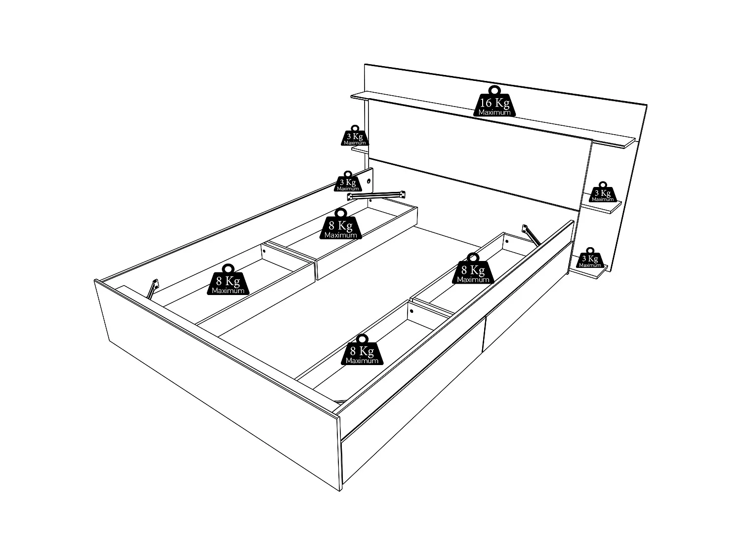 Cama 140 x 190/200 cm com 4 gavetas cor natural e branco + sommier + colchão - TILONIDE