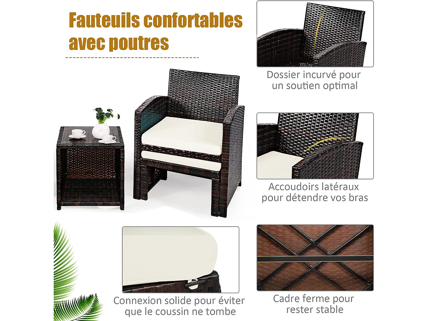 5PCS Woonkamermeubelset, Rotan en Natuurlijke PE-vezel Tuinmeubelen voor Veranda, Patio, Balkon, Zwembad Terras, Wit