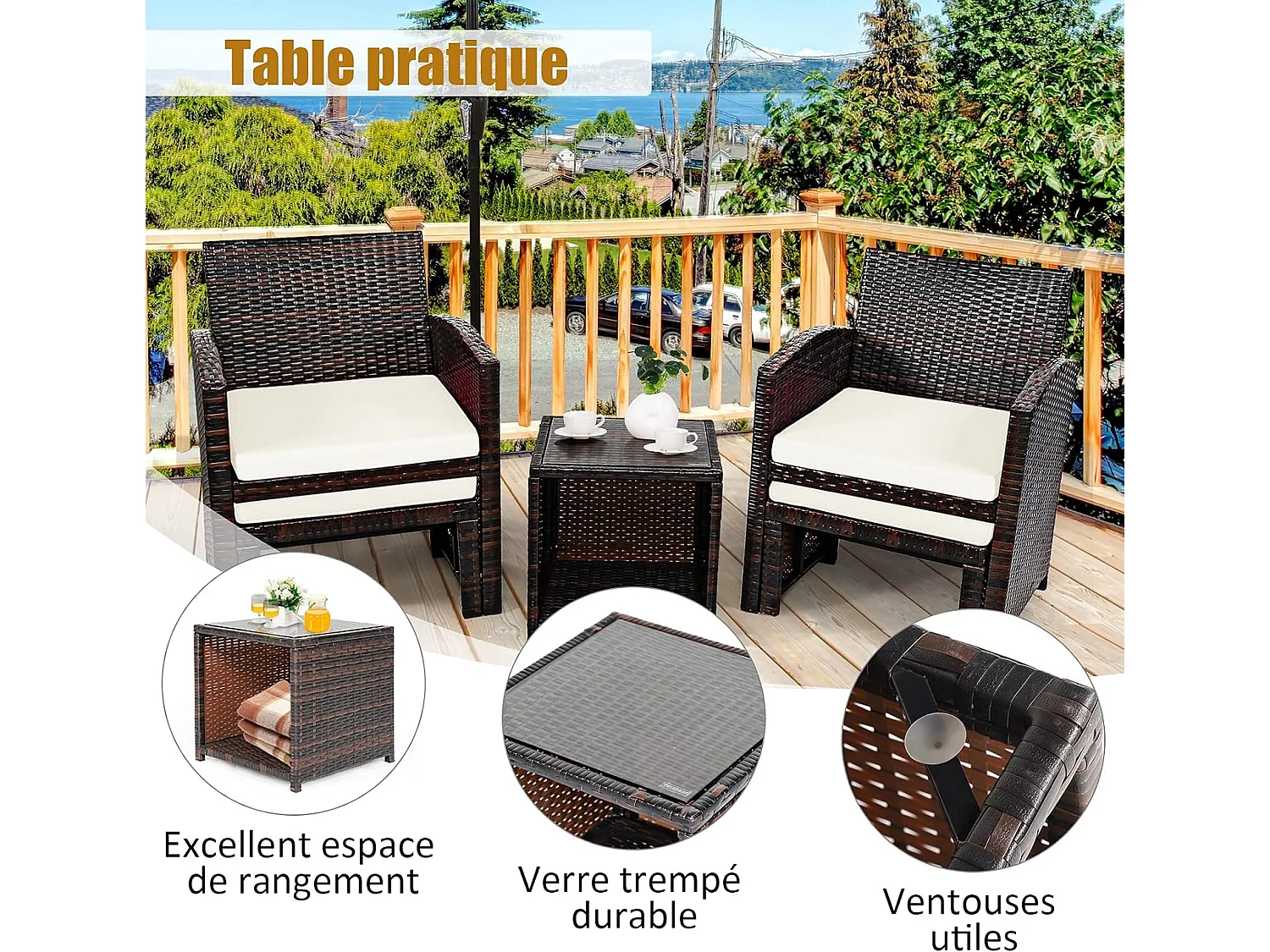 5PCS Woonkamermeubelset, Rotan en Natuurlijke PE-vezel Tuinmeubelen voor Veranda, Patio, Balkon, Zwembad Terras, Wit