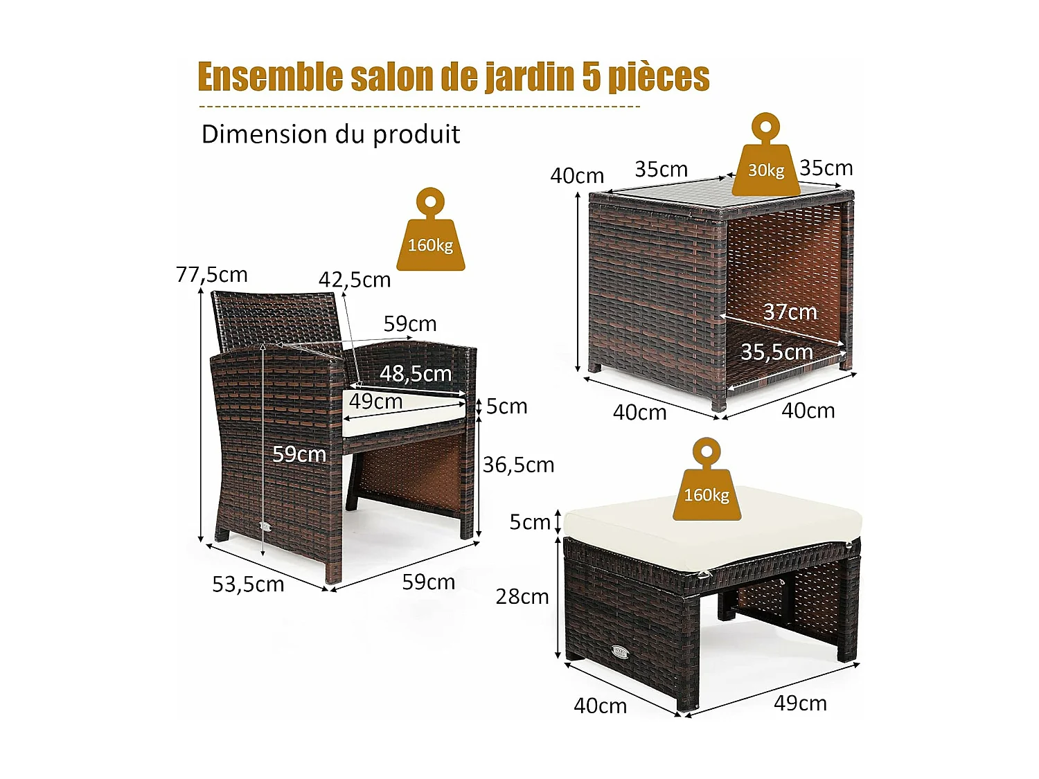 5PCS Woonkamermeubelset, Rotan en Natuurlijke PE-vezel Tuinmeubelen voor Veranda, Patio, Balkon, Zwembad Terras, Wit