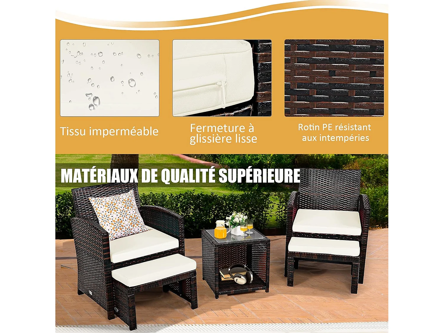 Ensemble Meuble de Salon 5PCS, Salon de Jardin en Rotin et fibre naturelle PE pour Véranda, Patio, Balcon,Piscine Terrasse, Blanc
