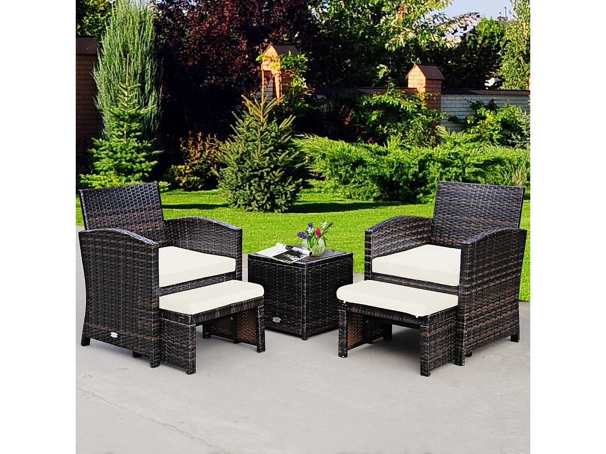 Ensemble Meuble de Salon 5PCS, Salon de Jardin en Rotin et fibre naturelle PE pour Véranda, Patio, Balcon,Piscine Terrasse, Blanc