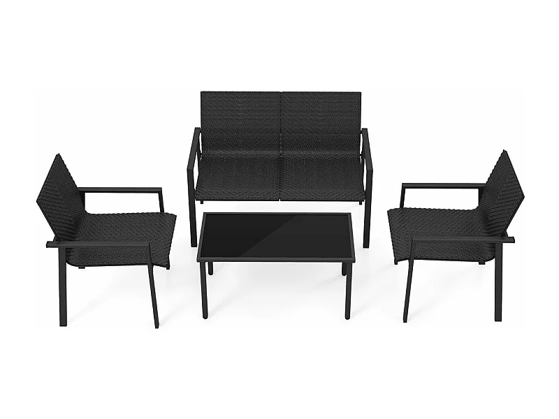 4-delige rieten tuinloungeset, belasting 150-300 kg, tuinmeubelset met gegalvaniseerd metalen frame en gehard glazen salontafel voor patio, balkon, terras (zwart)
