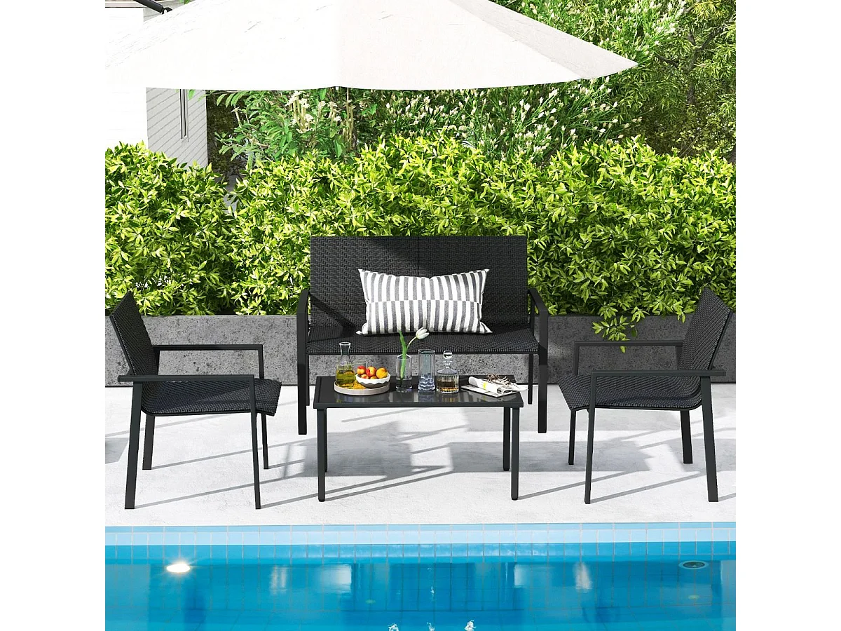 Salon de Jardin 4 Pièces en Osier Charge 150-300KG, Ensemble de Meubles de Patio avec Cadre en Métal Galvanisé et Table Basse en Verre Trempé (Noir)