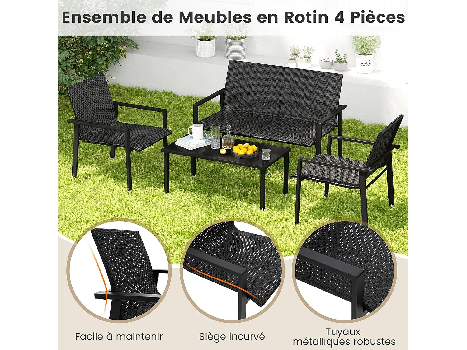 Salon de Jardin 4 Pièces en Osier Charge 150-300KG, Ensemble de Meubles de Patio avec Cadre en Métal Galvanisé et Table Basse en Verre Trempé (Noir)