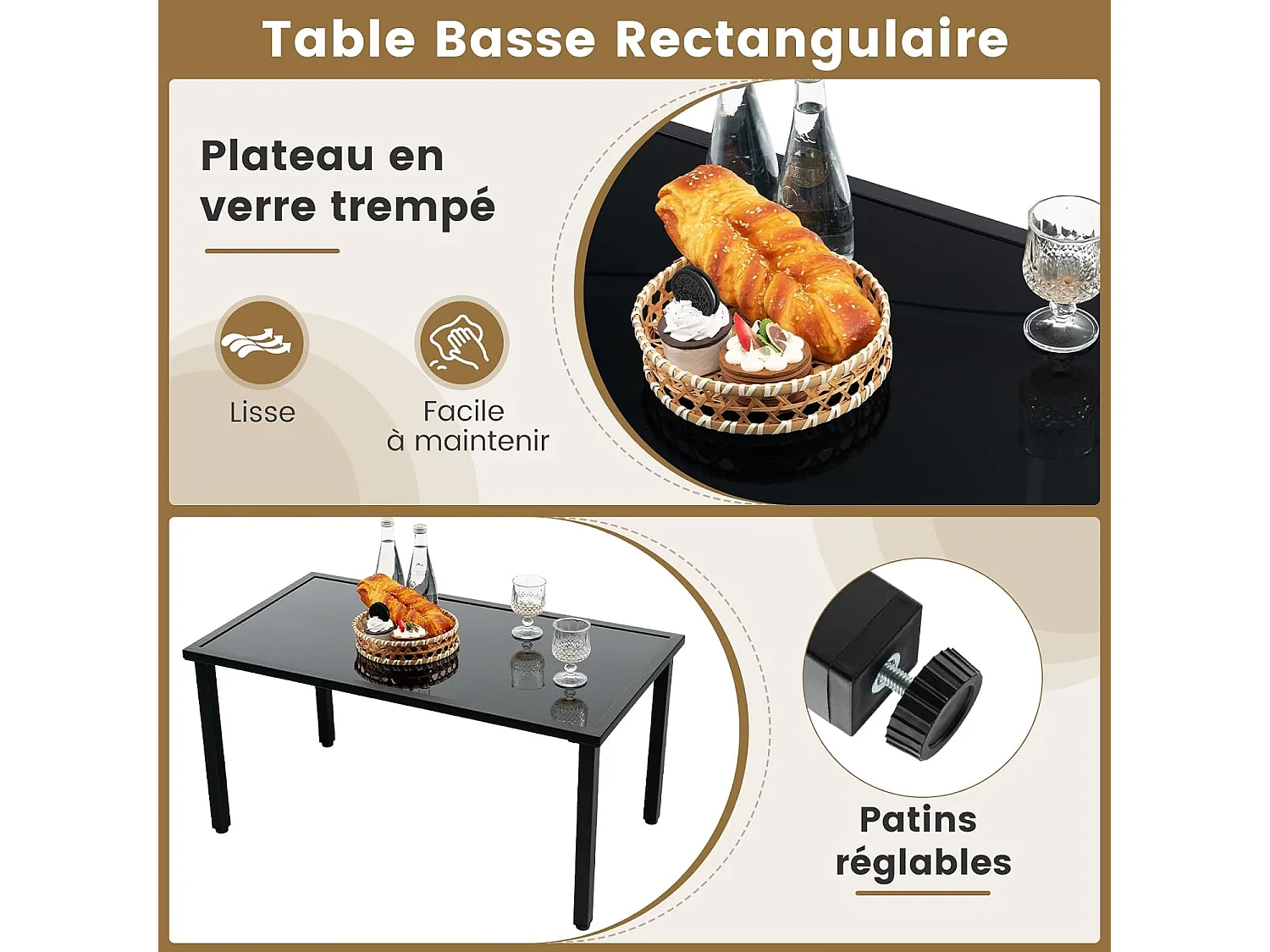 Salon de Jardin 4 Pièces en Osier Charge 150-300KG, Ensemble de Meubles de Patio avec Cadre en Métal Galvanisé et Table Basse en Verre Trempé (Noir)