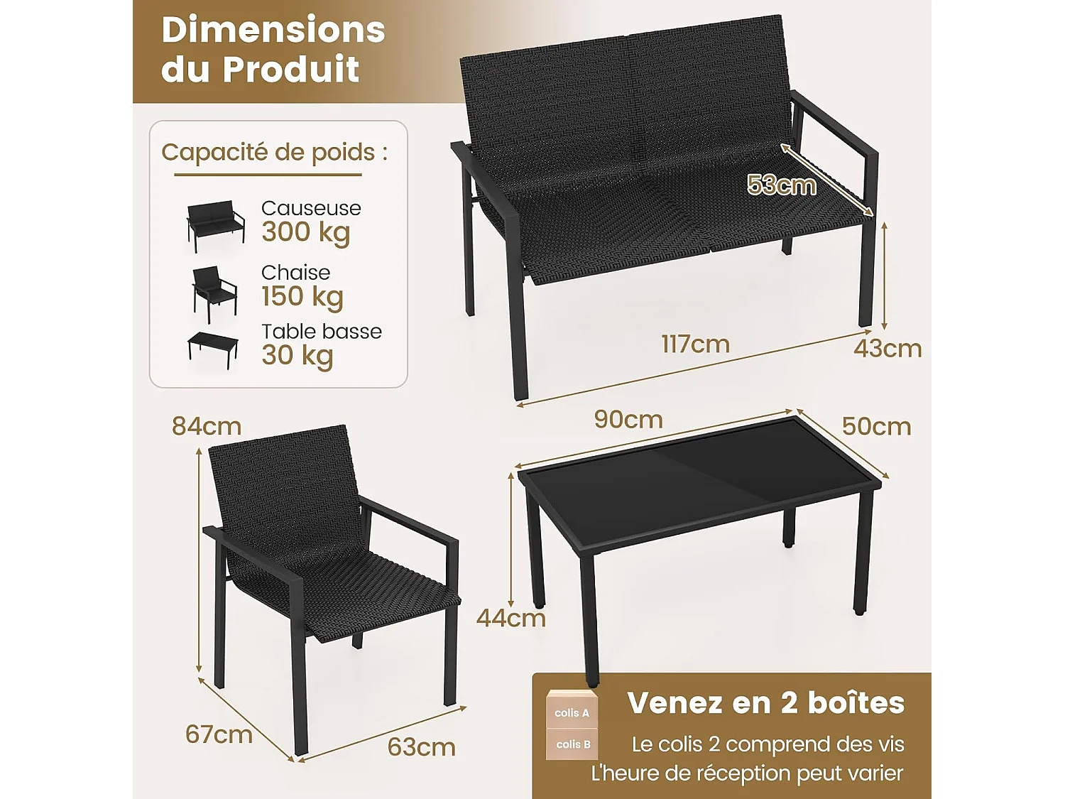 Salon de Jardin 4 Pièces en Osier Charge 150-300KG, Ensemble de Meubles de Patio avec Cadre en Métal Galvanisé et Table Basse en Verre Trempé (Noir)
