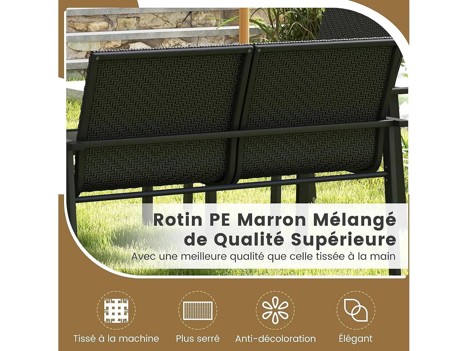 Salon de Jardin 4 Pièces en Osier Charge 150-300KG, Ensemble de Meubles de Patio avec Cadre en Métal Galvanisé et Table Basse en Verre Trempé (Noir)