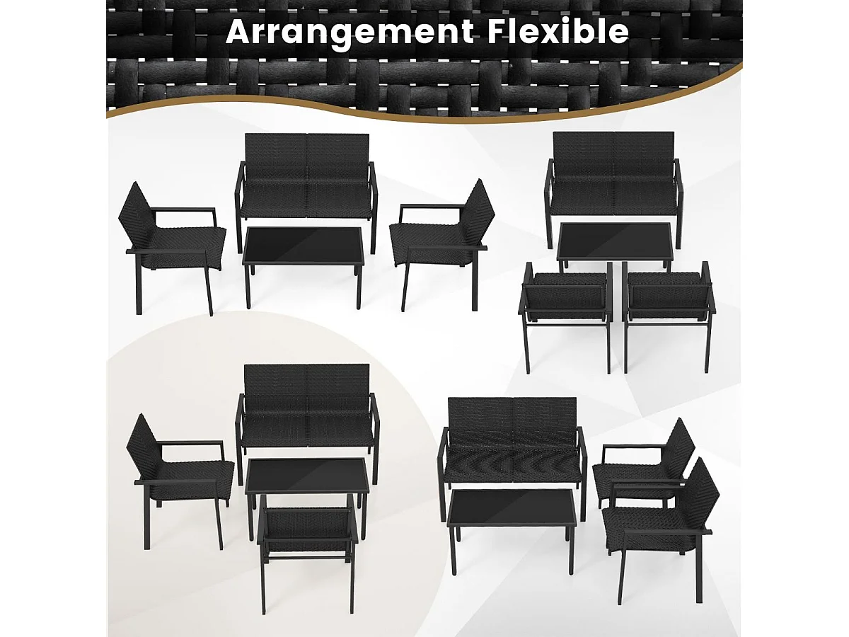 Salon de Jardin 4 Pièces en Osier Charge 150-300KG, Ensemble de Meubles de Patio avec Cadre en Métal Galvanisé et Table Basse en Verre Trempé (Noir)