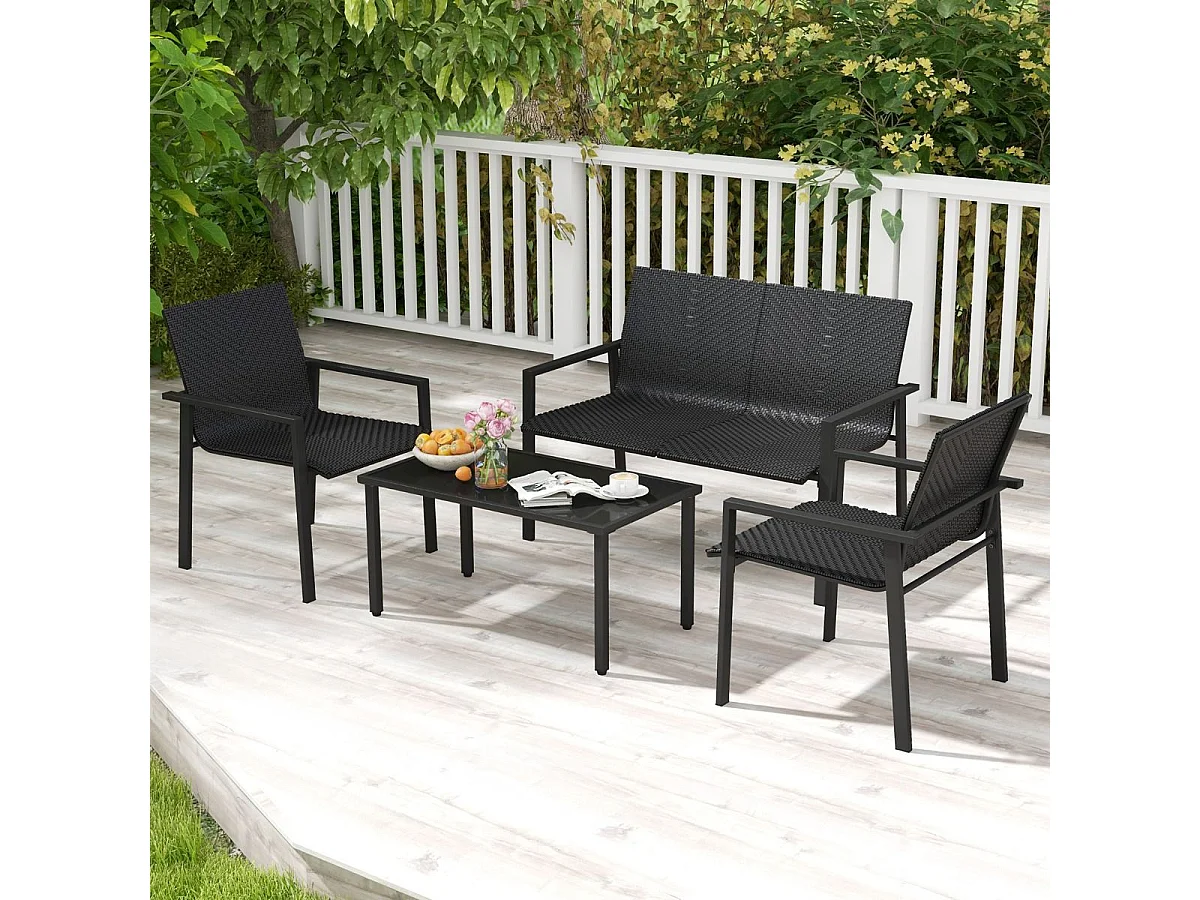 Salon de Jardin 4 Pièces en Osier Charge 150-300KG, Ensemble de Meubles de Patio avec Cadre en Métal Galvanisé et Table Basse en Verre Trempé (Noir)