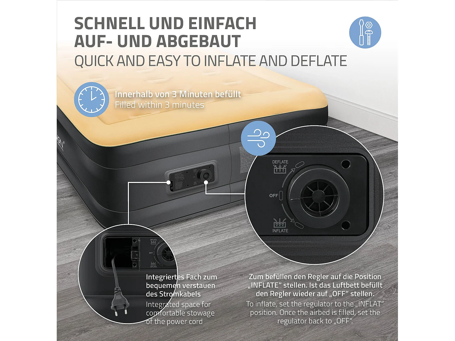 Matelas gonflable 1 personne avec pompe électrique intégrée 196x97x47 cm beige