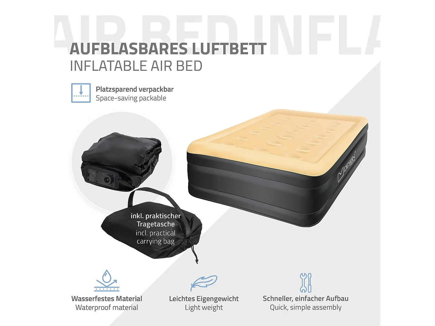 Matelas gonflable 1 personne avec pompe électrique intégrée 196x97x47 cm beige