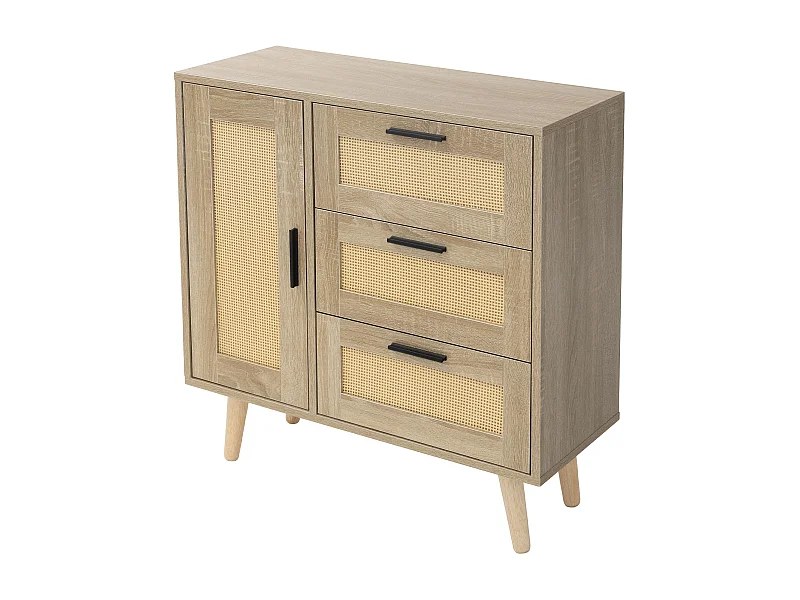 Commode à 3 tiroirs bois massif de rotin beige meuble aspect chêne 74x76x30 cm