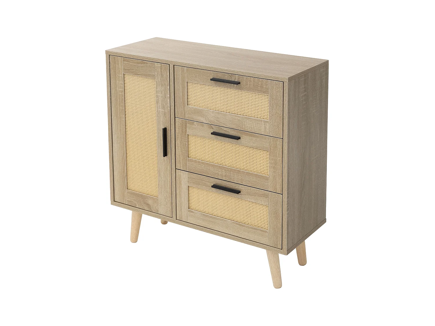 Commode à 3 tiroirs bois massif de rotin beige meuble aspect chêne 74x76x30 cm
