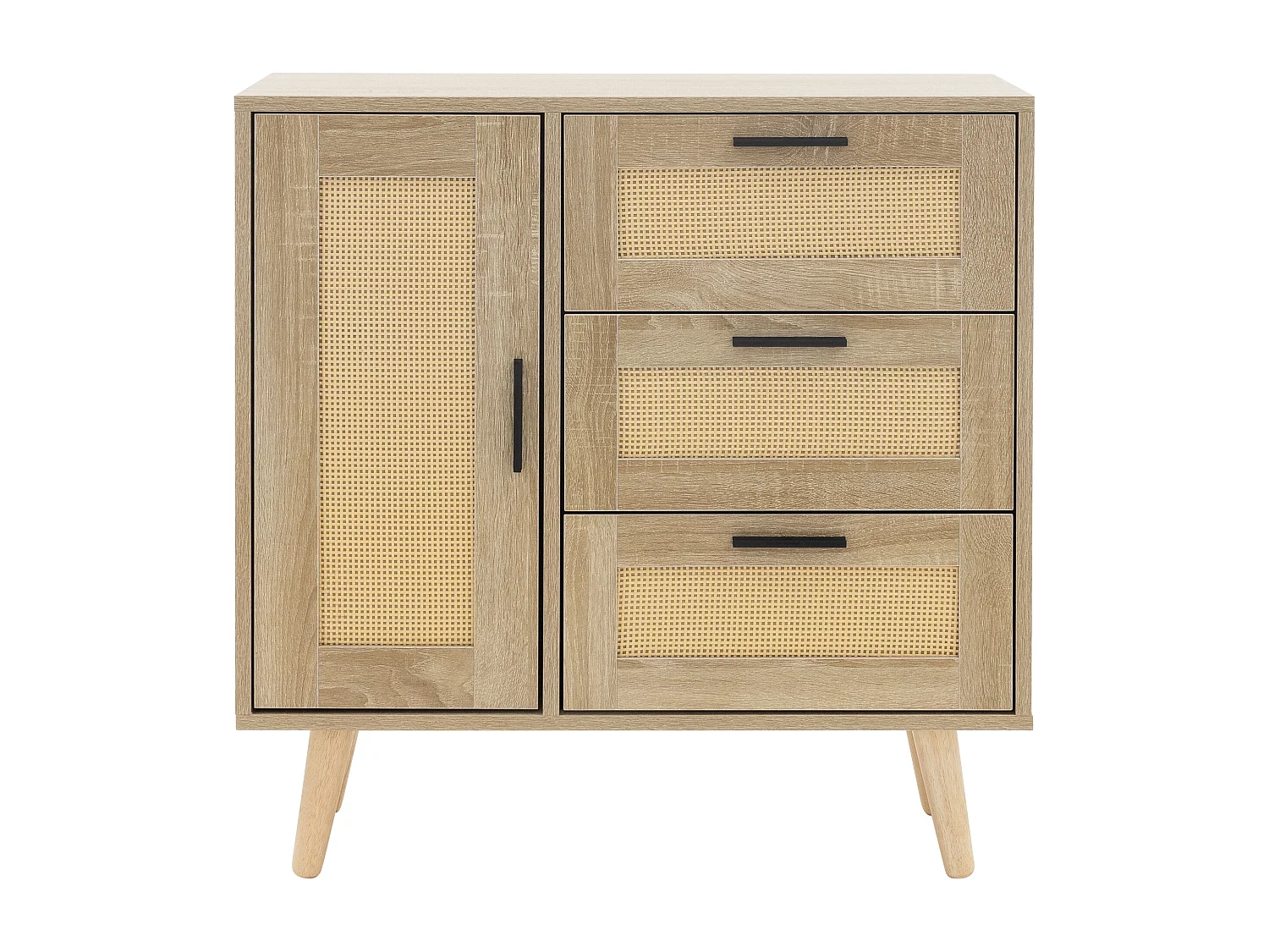 Commode à 3 tiroirs bois massif de rotin beige meuble aspect chêne 74x76x30 cm