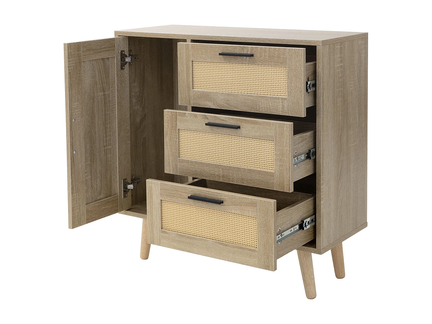 Commode à 3 tiroirs bois massif de rotin beige meuble aspect chêne 74x76x30 cm