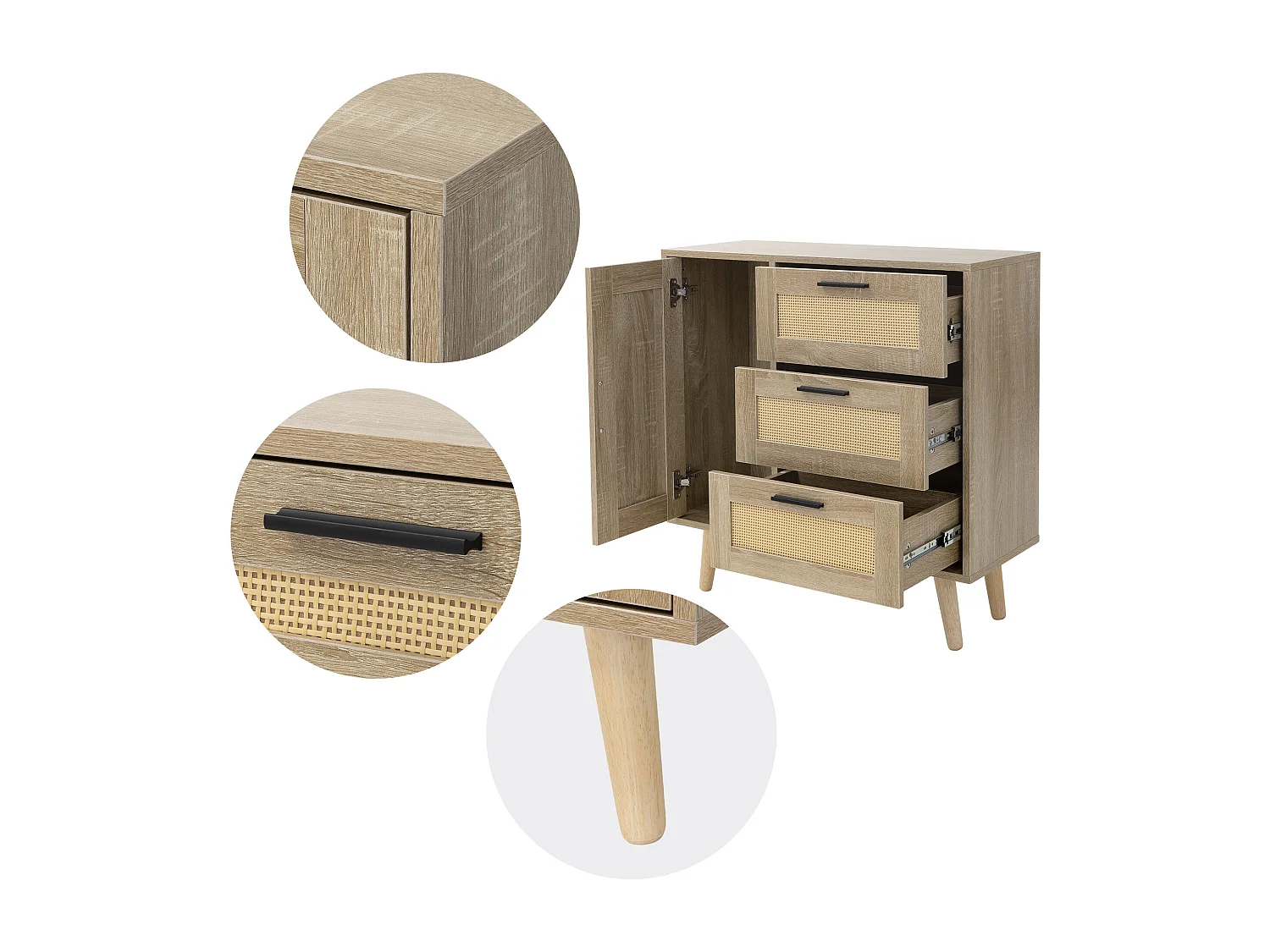 Commode à 3 tiroirs bois massif de rotin beige meuble aspect chêne 74x76x30 cm