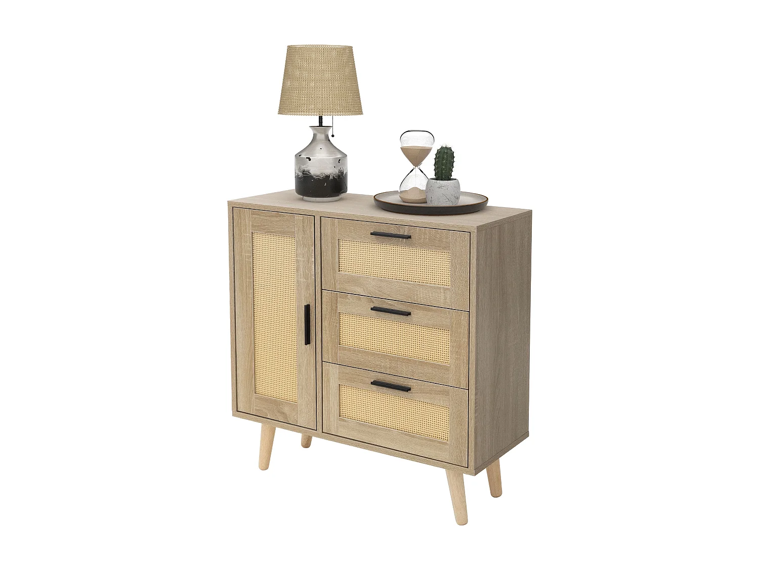 Commode à 3 tiroirs bois massif de rotin beige meuble aspect chêne 74x76x30 cm