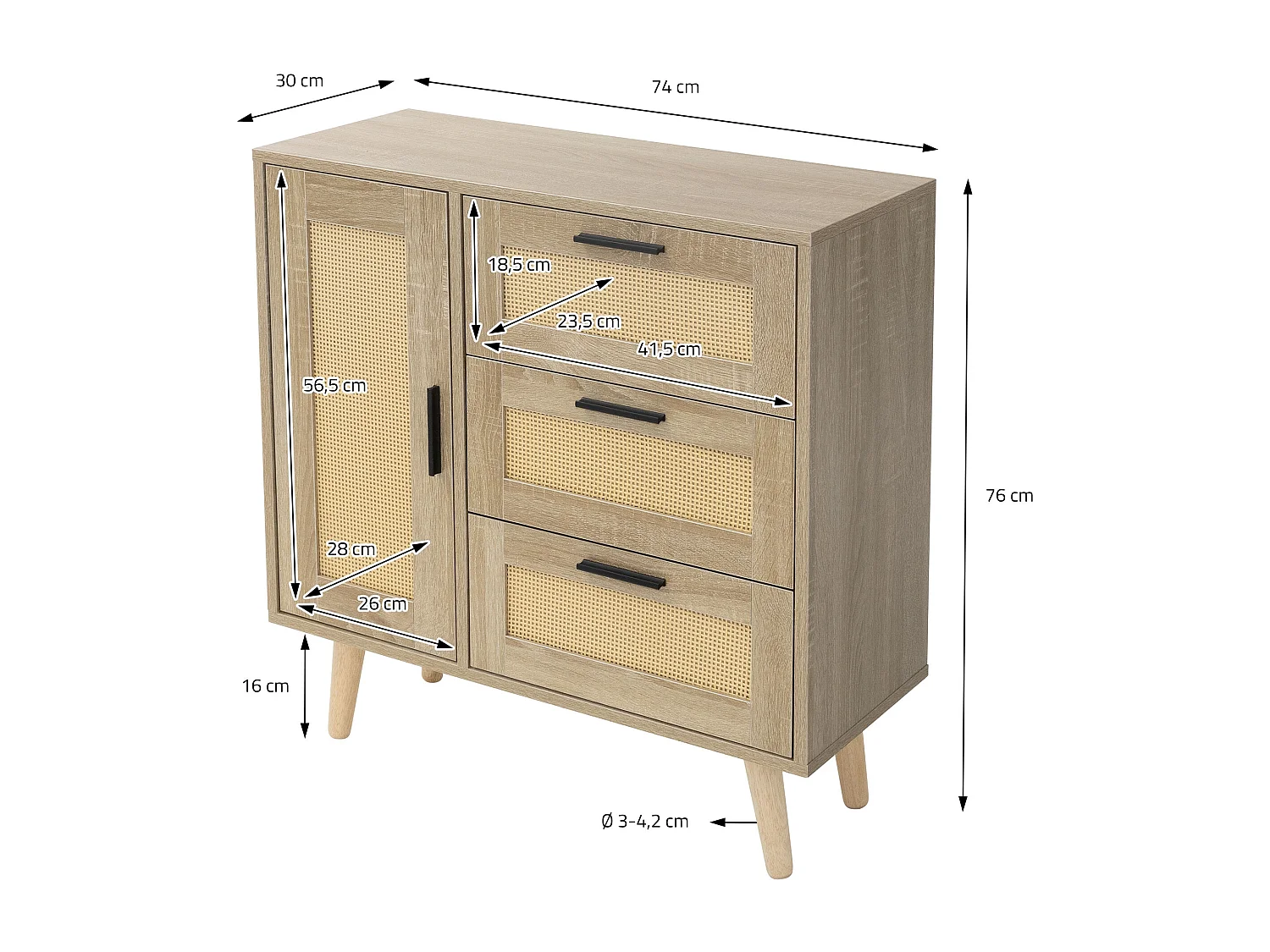 Commode à 3 tiroirs bois massif de rotin beige meuble aspect chêne 74x76x30 cm