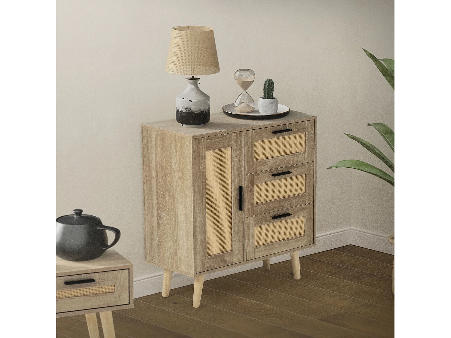 Commode à 3 tiroirs bois massif de rotin beige meuble aspect chêne 74x76x30 cm