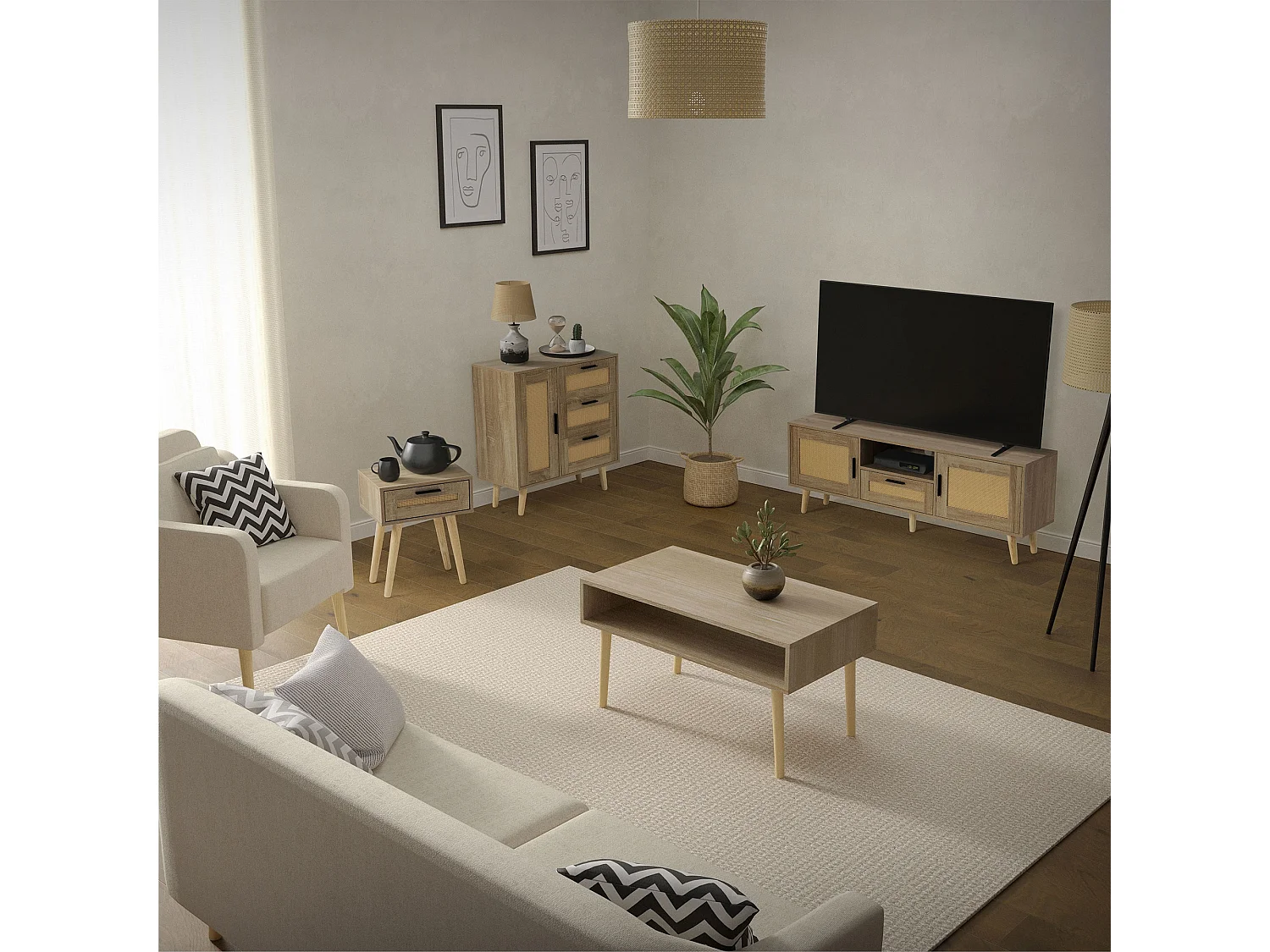 Commode à 3 tiroirs bois massif de rotin beige meuble aspect chêne 74x76x30 cm