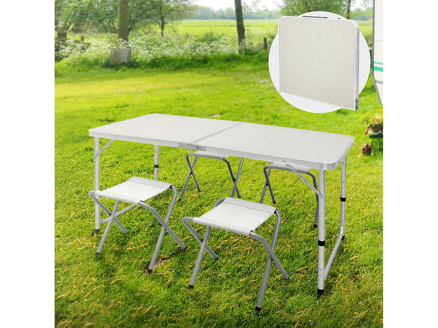 Tavolo da campeggio set con 4 sedie pieghevole in alluminio 120cm bianco / crema