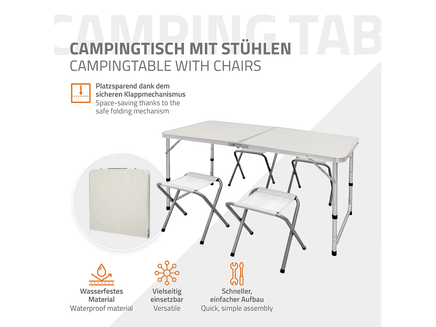 Tavolo da campeggio set con 4 sedie pieghevole in alluminio 120cm bianco / crema