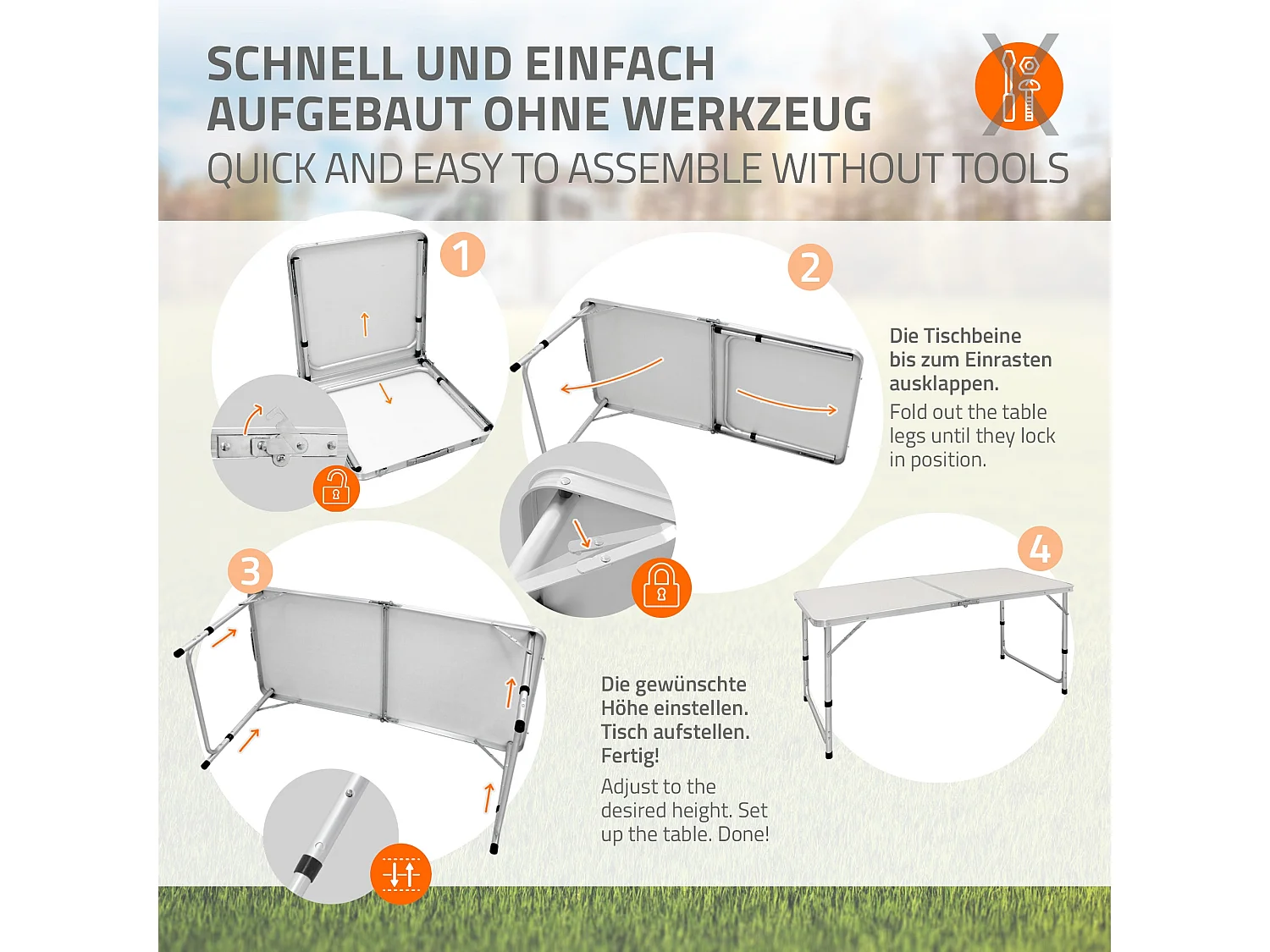 Tavolo da campeggio set con 4 sedie pieghevole in alluminio 120cm bianco / crema