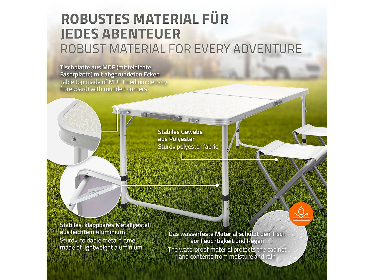 Tavolo da campeggio set con 4 sedie pieghevole in alluminio 120cm bianco / crema