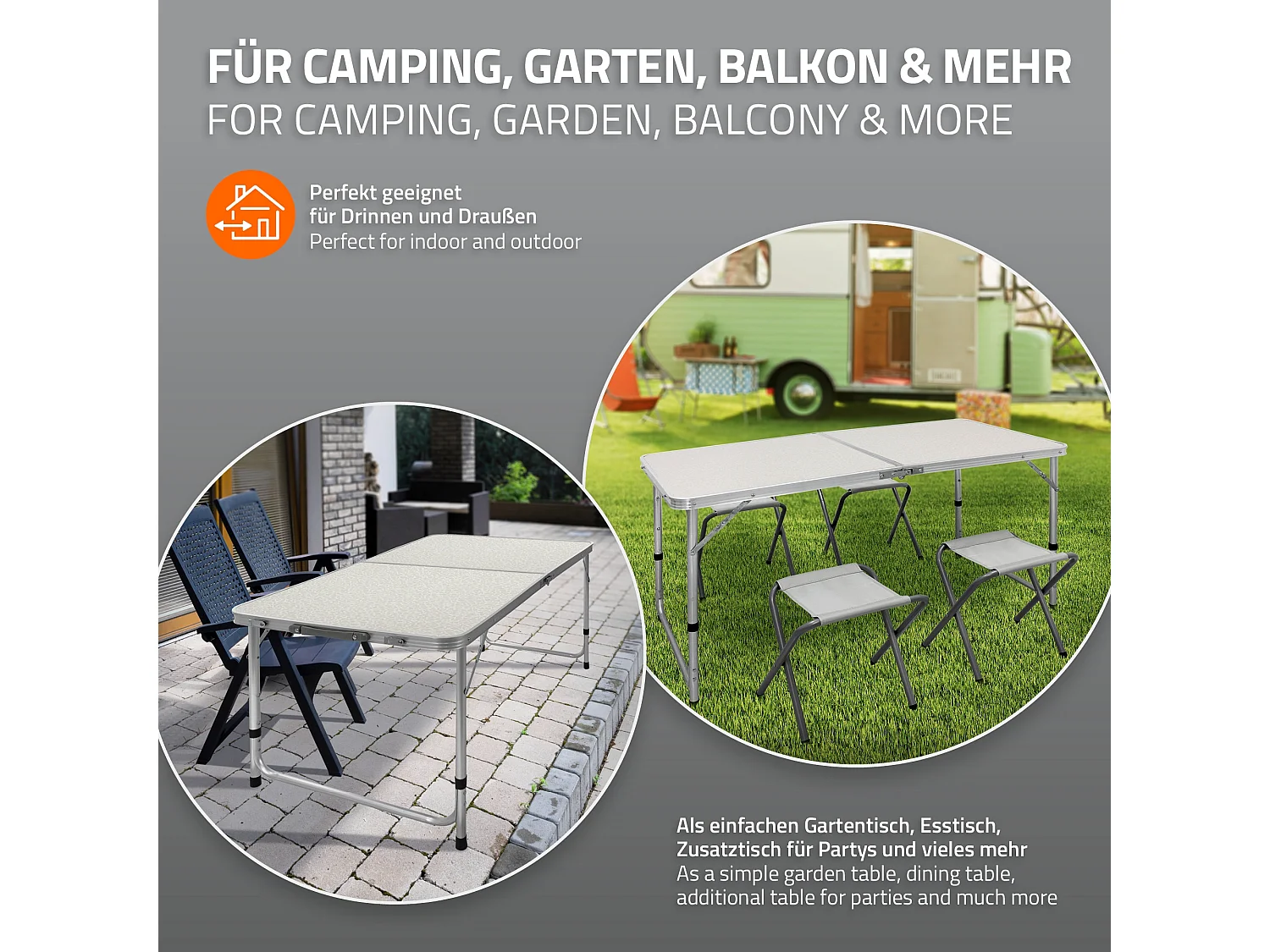 Tavolo da campeggio set con 4 sedie pieghevole in alluminio 120cm bianco / crema