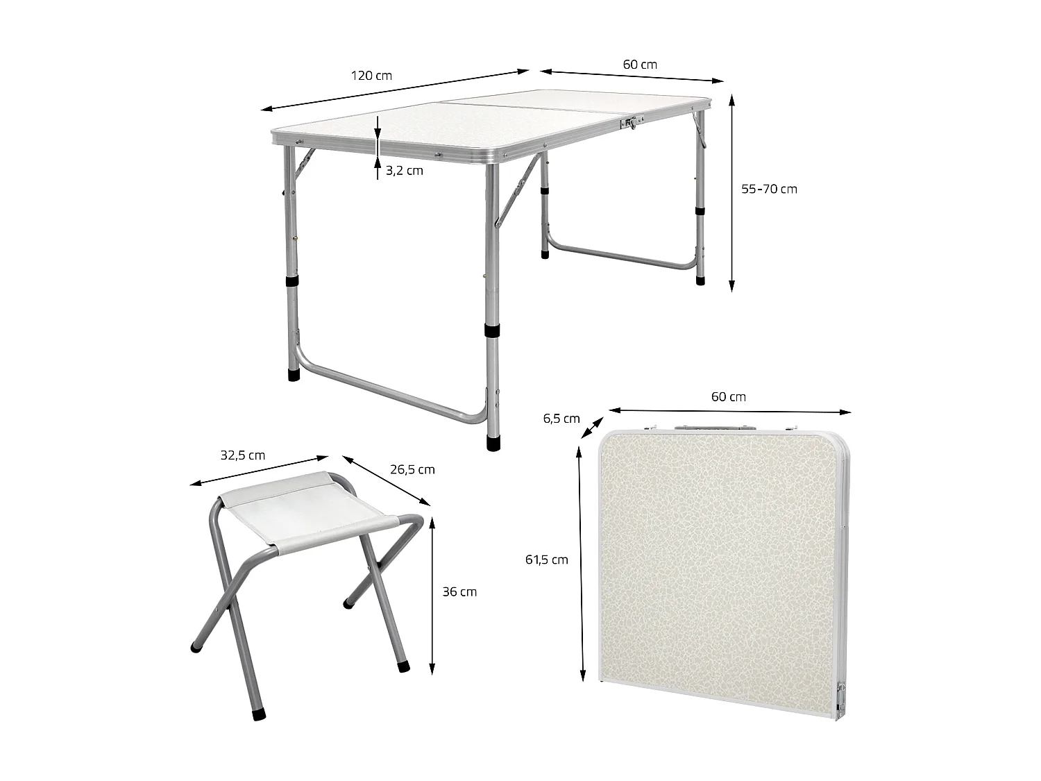 Tavolo da campeggio set con 4 sedie pieghevole in alluminio 120cm bianco / crema