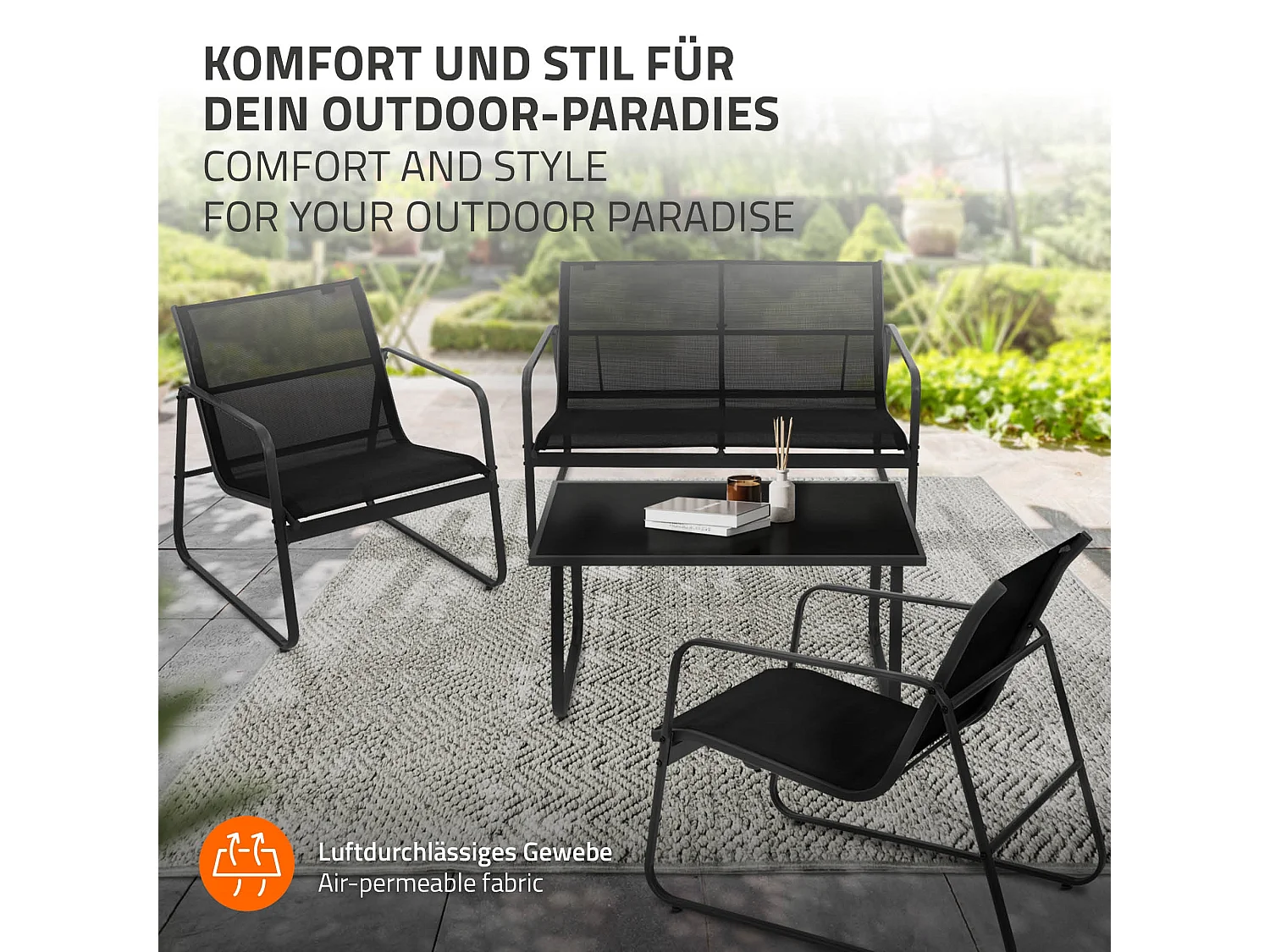 Ensemble de meubles de jardin 4 pièces noir table en verre canapé et 2 fauteuils