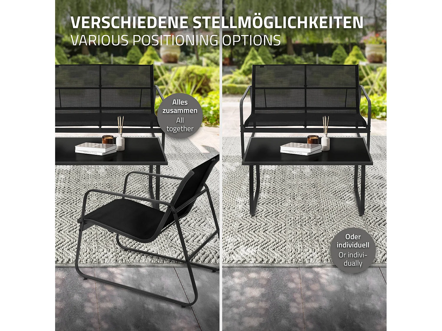 Ensemble de meubles de jardin 4 pièces noir table en verre canapé et 2 fauteuils