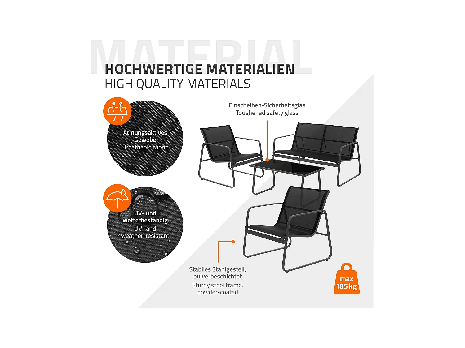 4 Piezas de mueble de jardín acero y textilene negro sillones y mesa de cristal