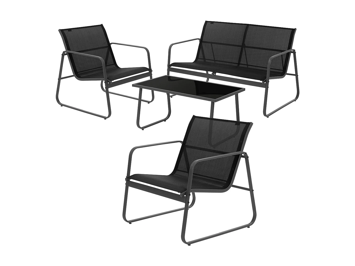 4 Piezas de mueble de jardín acero y textilene negro sillones y mesa de cristal