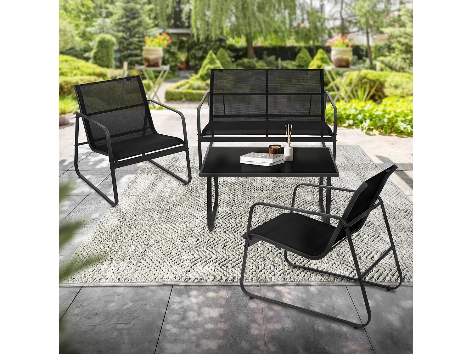 4 Piezas de mueble de jardín acero y textilene negro sillones y mesa de cristal