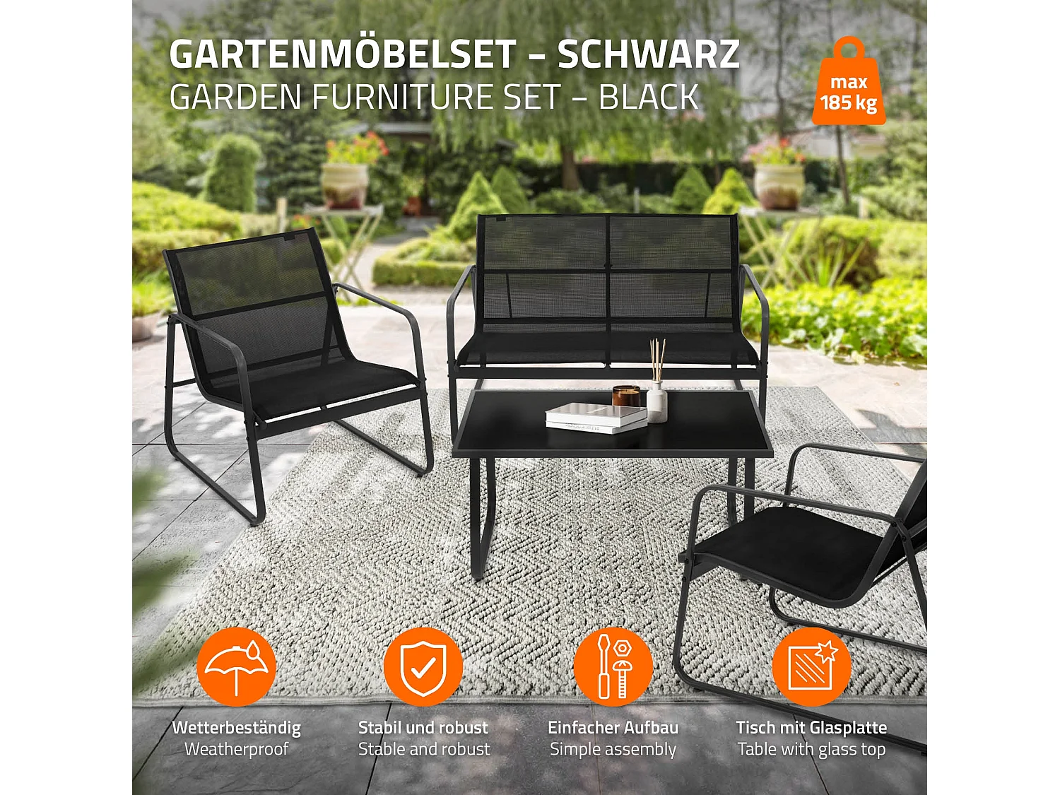 4 Piezas de mueble de jardín acero y textilene negro sillones y mesa de cristal